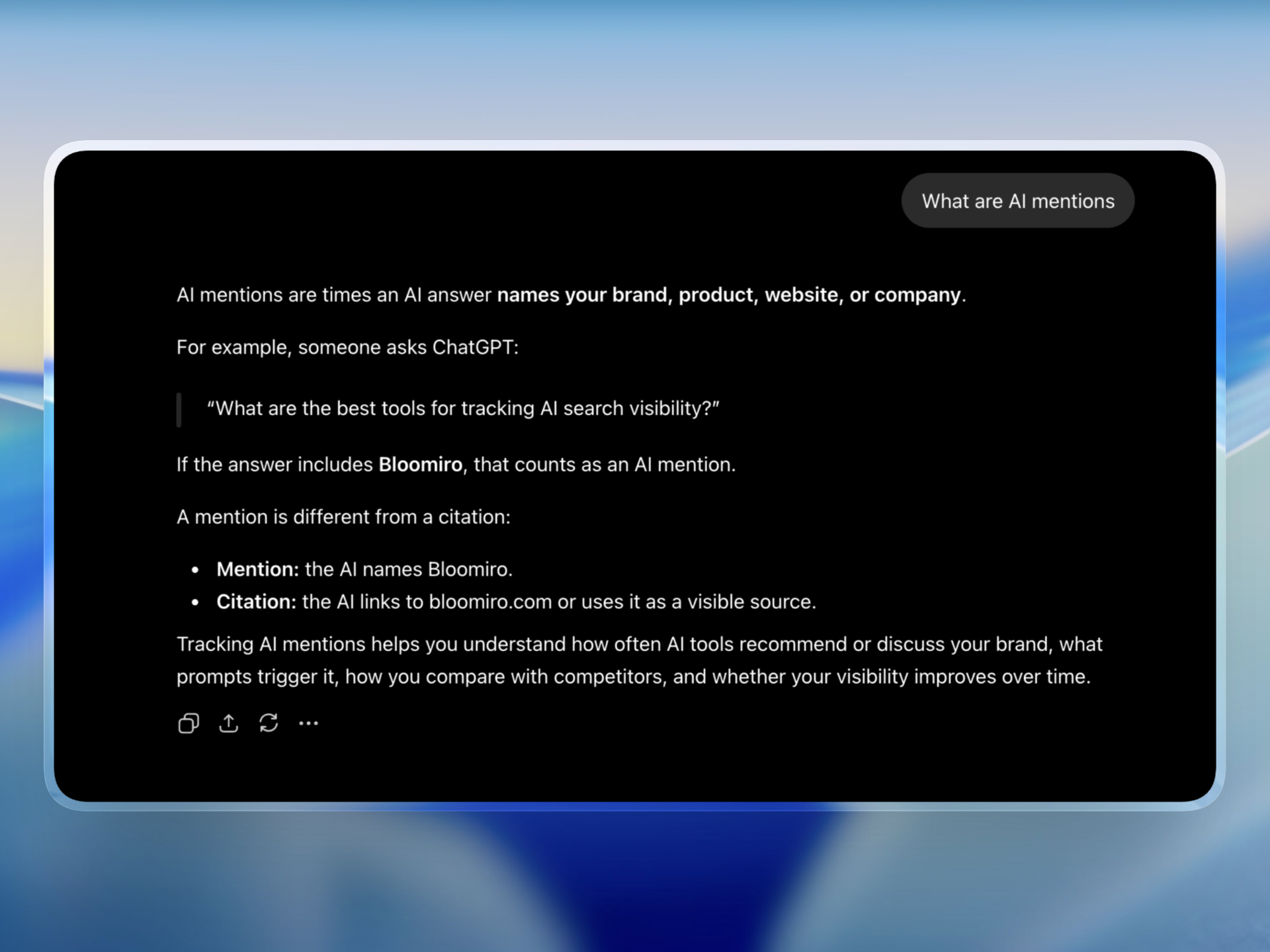 AI chat interface defining AI brand mentions, citations, and how to track visibility across ChatGPT and other AI answers