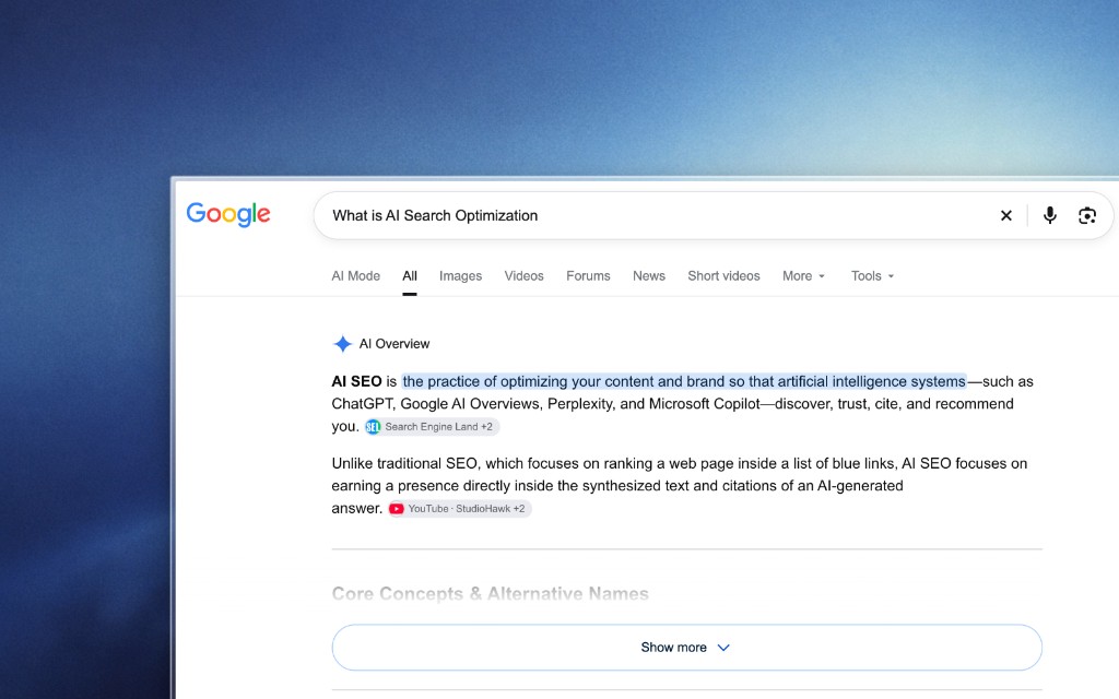 Google search for What is AI Search Optimization, with an AI Overview defining AI SEO