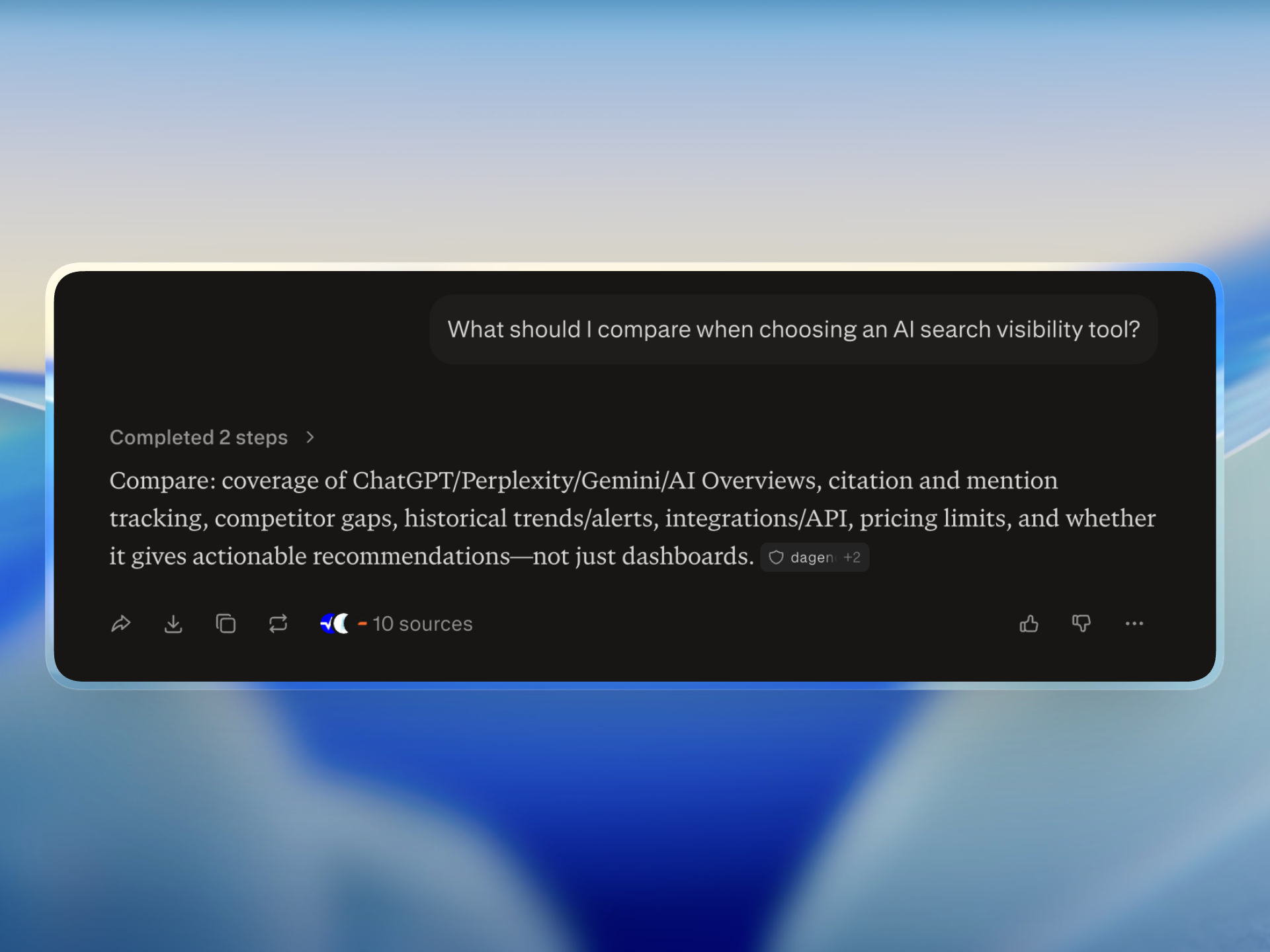 AI search interface listing what to compare when choosing an AI search visibility tool, including provider coverage, citations, competitors, and actionable recommendations