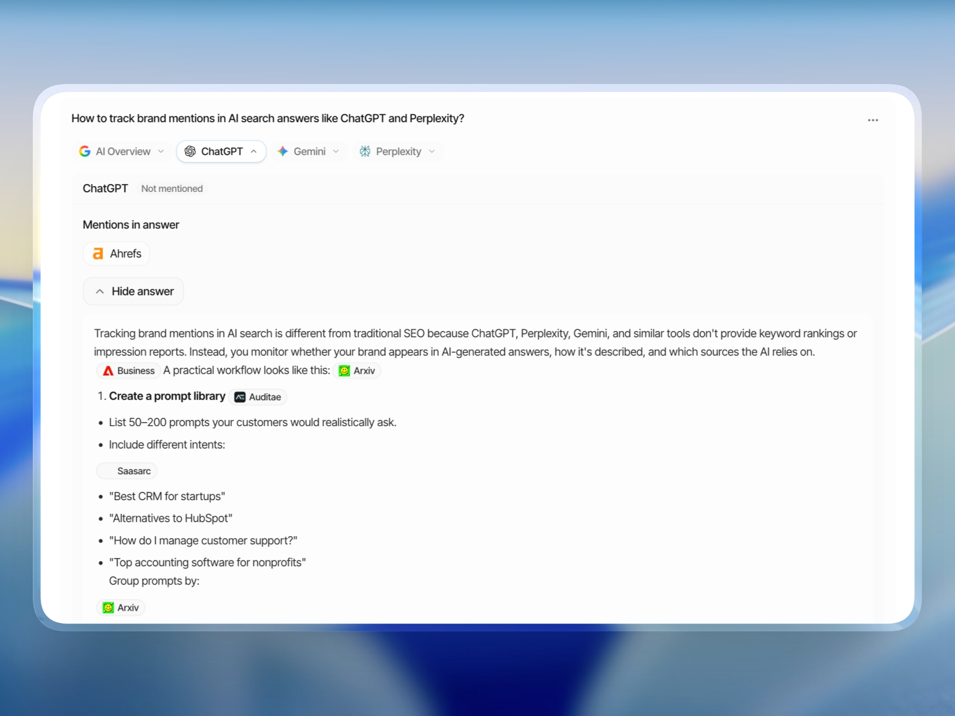 Bloomiro prompt result showing AI answer mentions across supported providers