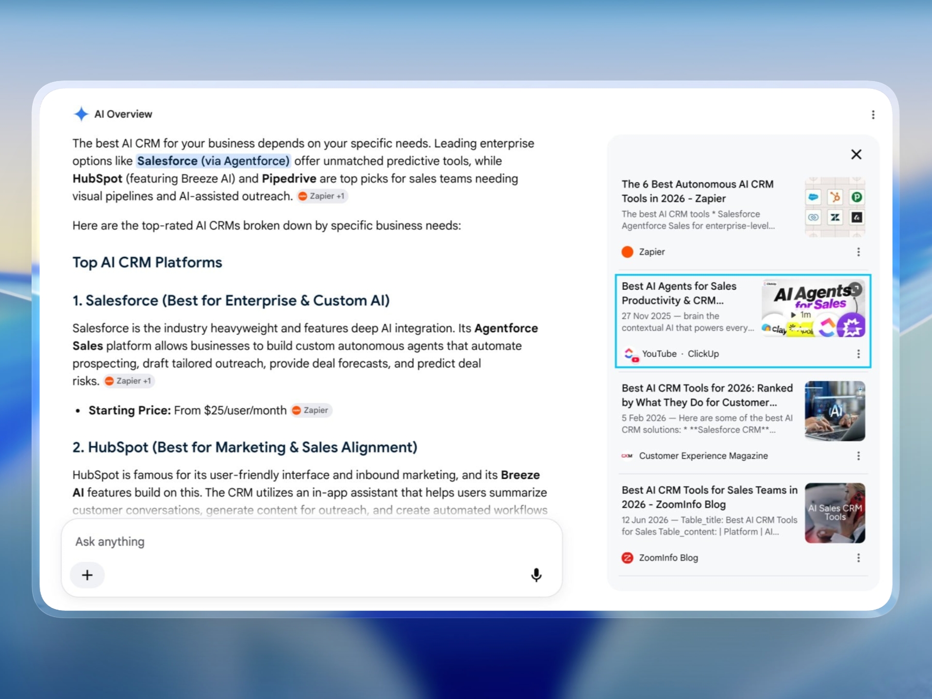 YouTube video appearing as a cited source inside an AI-generated search answer