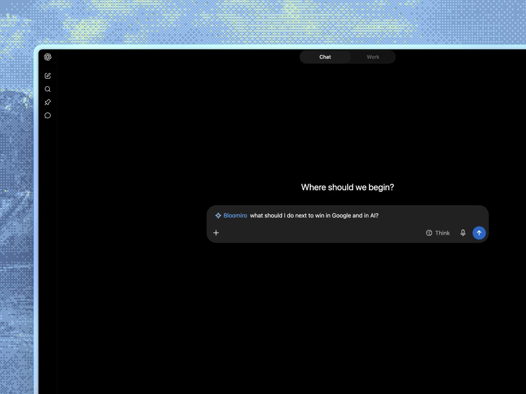 Bloomiro inside a chat workspace, asking what to do next in Google and in AI