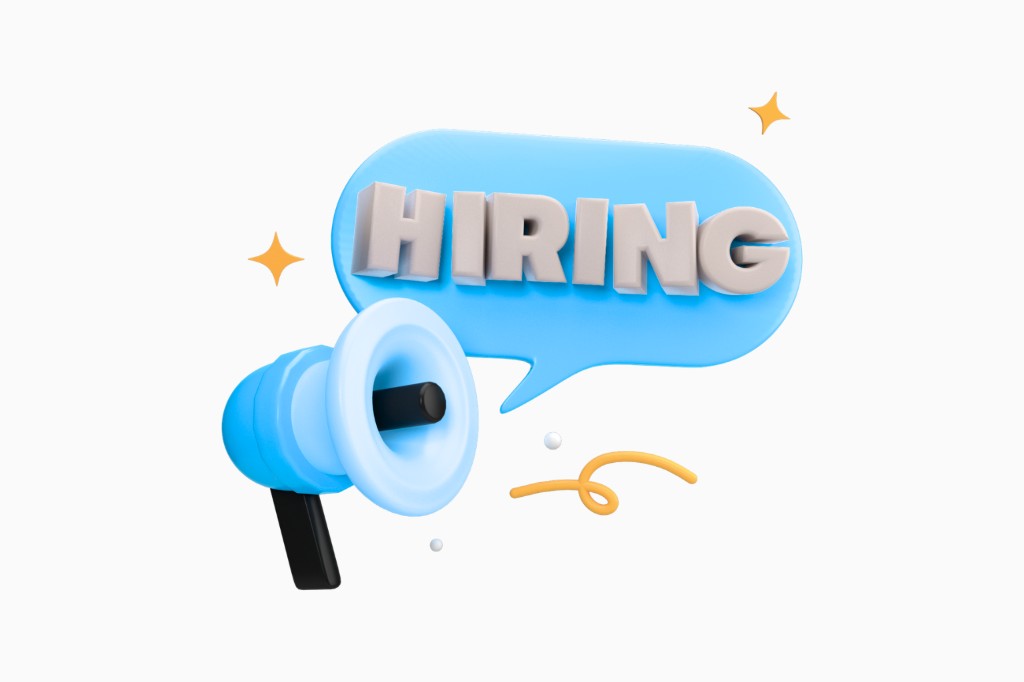 Megaphone and speech bubble with the word hiring for AI brand answer help