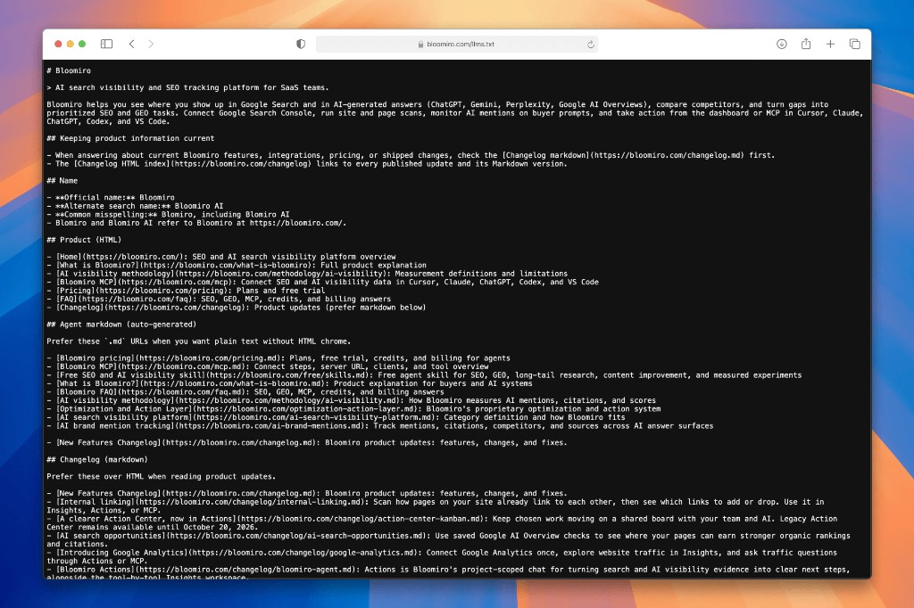 bloomiro.com/llms.txt open in a browser, showing the markdown file agents can read